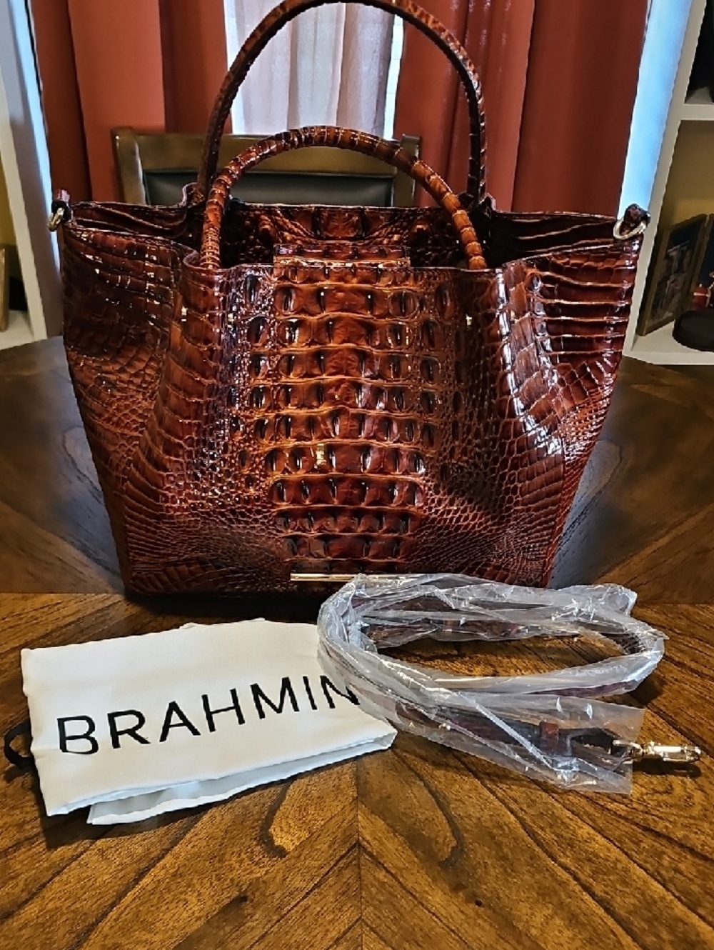 Brahmin Cognac Croc-Embossed Leather Handbag With Shoulder Strap - Picture 8 of 9